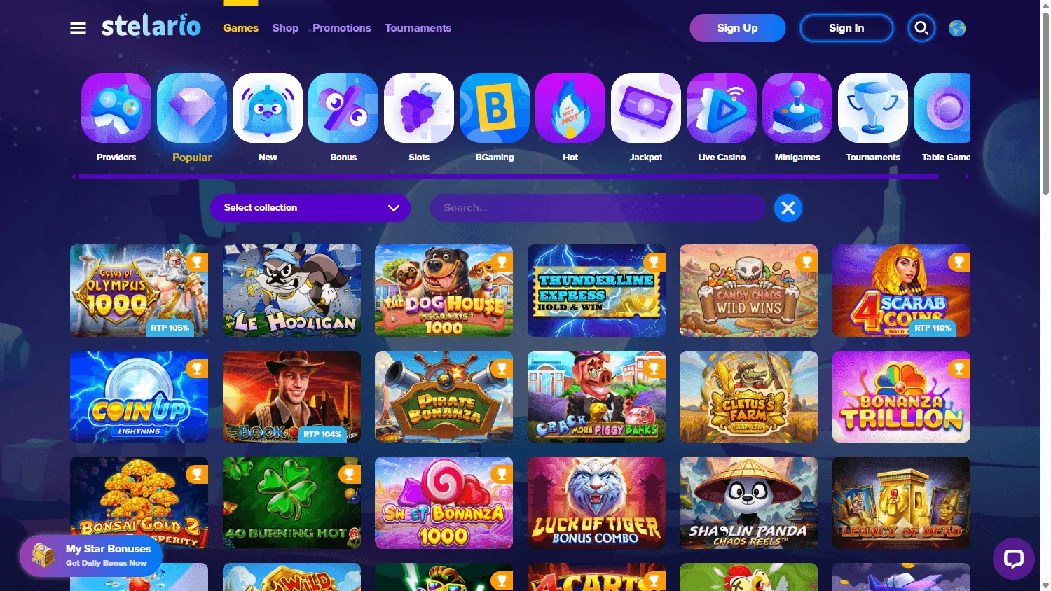 Stelario Casino desktop games screen