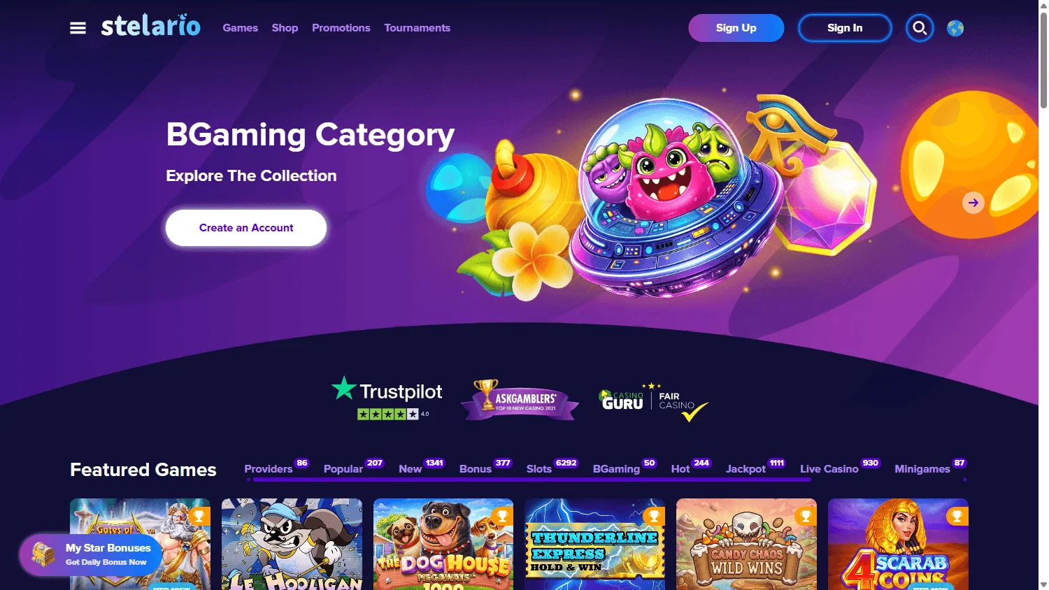 Stelario Casino desktop home screen