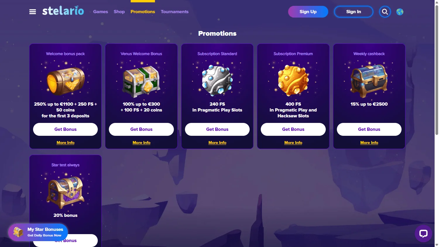 Stelario Casino desktop promotions screen