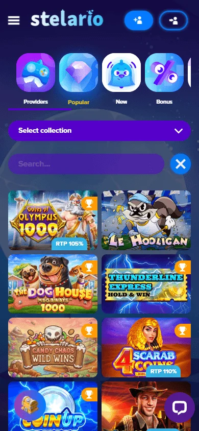 Stelario Casino mobile games screen