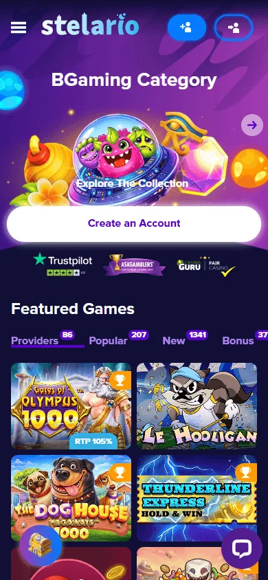 Stelario Casino mobile home screen